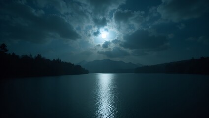 Fototapeta premium Mysterious full moon behind clouds over serene lake at night
