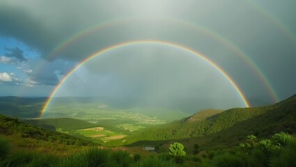 Fototapeta premium Rainbow over lush valley symbol of hope and renewal