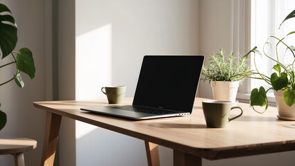 Fototapeta premium Modern Workspace With Laptop and Green Indoor Plants