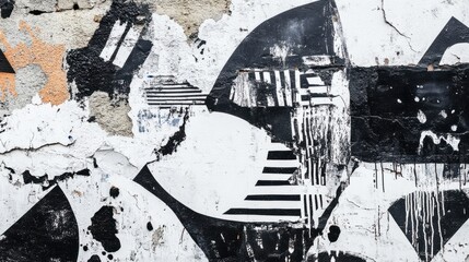 Naklejka premium Beautiful black and white street art graffiti background. The wall is decorated with abstract drawings house paint. Modern style urban culture of street youth. Abstract picture on wall