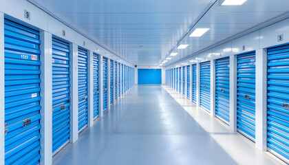 Fototapeta premium Row of blue storage unit doors in a self-storage facility. Each unit labeled with numbers and letters. Simple, secure storage solution. Aerial isolated with white highlights, png