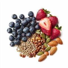 Assorted nuts, seeds, and berries on white isolated background. flexitarian food concept