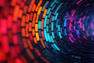 Obraz premium Circular tunnel of multicolored data streams forming a dynamic vortex pattern in digital space