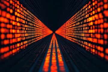 Orange data tunnel perspective with glowing binary patterns creating infinite digital corridor