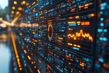 Naklejka premium Digital dashboard with orange data points exploding outward, displaying real-time information analytics
