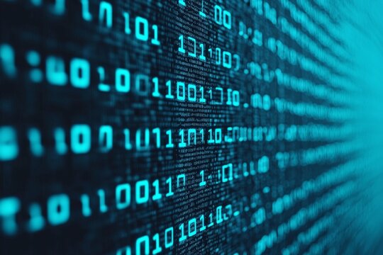 Cascading blue binary code on black background, illustrating complex data encryption and cybersecurity protocols