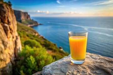 A glass of freshly squeezed orange juice sits on a rocky cliff edge, nature scenery, outdoor setting, coastal living, freshly squeezed orange juice