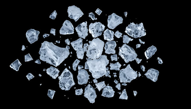 Ice, crushed on a black background. Pieces of crushed ice spread away. Crushing of the ice isolated with white highlights, png