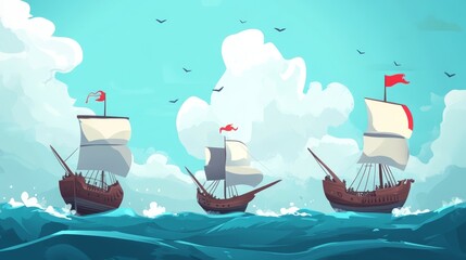 Three Colorful Pirate Ships Sailing on a Bright Ocean