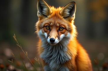 Red Fox Vulpes vulpes, close-up portrait with bokeh forest in the background looking at camera