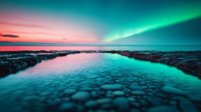 Aurora borealis shimmering above a calm northern coastline, green and pink hues reflecting in tide pools, a tranquil scene of light and water Aurora, seashore