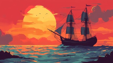 Naklejka premium Majestic Sailing Ship Against a Vibrant Sunset