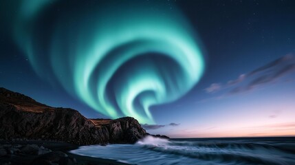 Stunning aurora illuminating rocky coastline, dynamic swirls of light interacting with crashing waves, creating a mystical and powerful landscape Aurora borealis, seaside