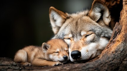 A tranquil depiction of a mother wolf resting with her pup, highlighting the harmonious bond and comfort in their natural habitat, emphasizing familial love.