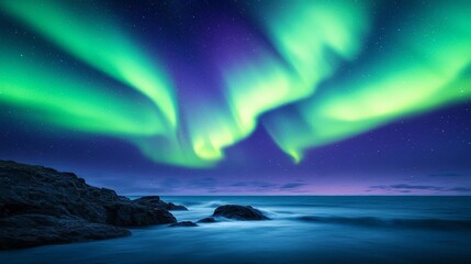 Naklejka premium Vibrant northern lights over a quiet, jagged coastline, ocean waves softly lapping against rocks under a sky painted in neon greens and purples Northern lights, coastal scene