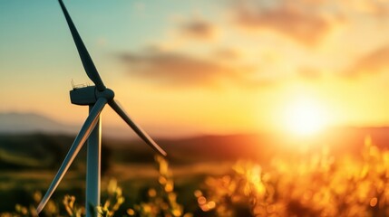 A wind turbine stands tall in silhouette against a vibrant and breathtaking sunset landscape, symbolizing renewable energy and the beauty of sustainable power.