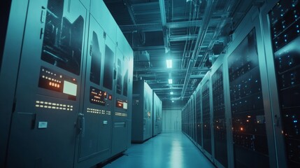 Fototapeta premium Cloud computing power room with generator array Tier 4 compliance