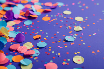 Abstract festive purple wallpaper with confetti. Background, illustration. Celebration, party, holiday.