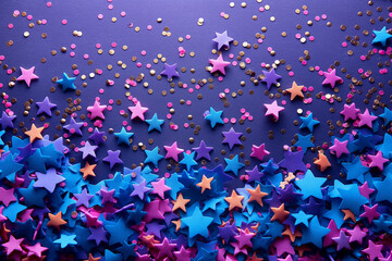 Abstract festive purple wallpaper with stars confetti. Background, illustration. Celebration, party, holiday.