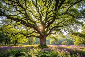 Fototapeta premium An old oak tree's sprawling canopy in a sunlit clearing with wildflowers and ferns, ferns, meadow scene, autumn leaves