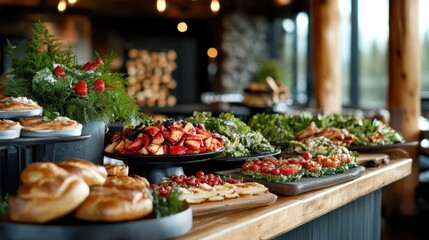 An exquisite selection of fresh foods and vivid floral decor adorn a rustic buffet table, creating a sumptuous and elegant dining experience in a stylish setting.