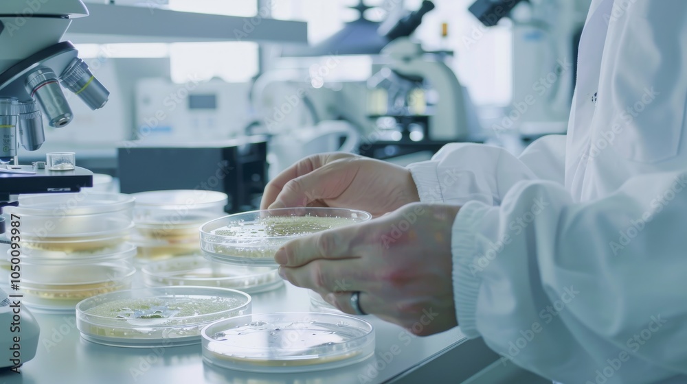 Poster a researcher in a lab coat handling petri dishes with bacterial cultures in a high-tech lab, with mi