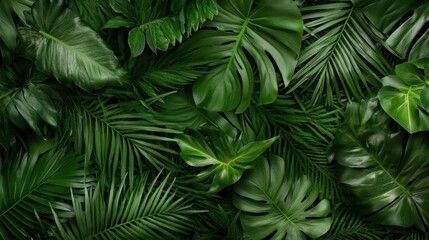 A collection of verdant tropical leaves including monstera and ferns, forming a rich and vibrant natural pattern that evokes a sense of calm and tranquility.