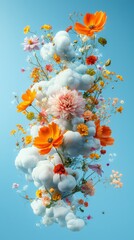 Autumn floral explosion with colorful flowers and clouds on a vibrant blue background in a minimalist composition