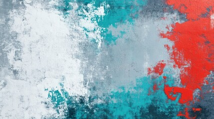 Closeup of colorful teal, gray and red urban wall texture with white white paint stroke. Modern pattern for design. Creative urban city background. Grunge messy street style background with copy spac