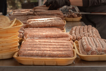 Frozen sausages for the grill. Close-up