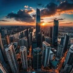 Fototapeta premium Stunning urban skyline at sunset, showcasing skyscrapers reflecting golden hues over a sprawling river in a vibrant city. Generative AI
