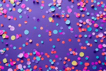 Abstract festive purple wallpaper with confetti. Background, illustration. Celebration, party, holiday.