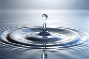 A single drop of clear liquid slowly falls from a height onto a pristine white surface, leaving a small puddle in its wake, fluid motion, wet spot, dripping slime, everyday scene, solitary