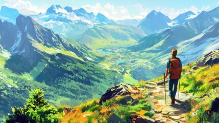 Fototapeta premium A scenic mountain trail with hikers walking along the path.