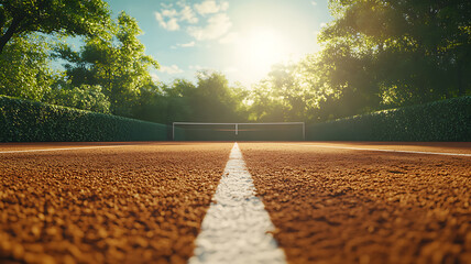 Brightly lit clay tennis court with crisp white lines, surrounded by lush green trees, creating a vibrant and anticipatory atmosphere before a match.
