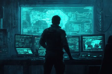 Survivor scavenging through destroyed tech in a broken-down lab, holographic maps flickering on the walls, Futuristic, Cyberpunk, Gritty, Dim lighting