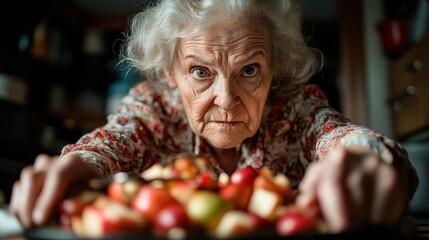 An elderly woman with an intense expression presents a variety of colorful candy pieces arranged on a plate. Her focused demeanor emphasizes her pride in the sweet offerings.