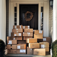 Many cardboard packages delivered at the front door of a home
