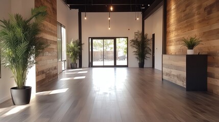 Obraz premium A minimalist lobby interior with wooden accents and green plants is flooded with natural sunlight, creating a warm and inviting modern atmosphere.