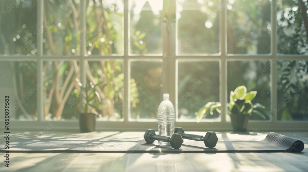 Poster a serene image of a yoga mat with a pair of dumbbells and a bottle of water, set in a home gym with 