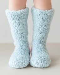 A pair of fluffy light blue fuzzy socks covering small feet ideal for cozy comfort on a cold day