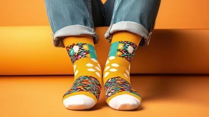 Bright yellow socks with playful patterns contrast against denim jeans set against an orange background creating a vibrant fashionable look