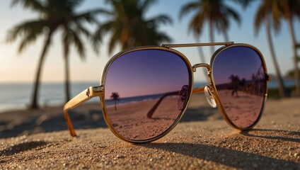 Fashionable Stylish Sunglasses on a Sandy Beach, Close-Up, Surrounded by Purple Sunset Hues of a Hot Evening