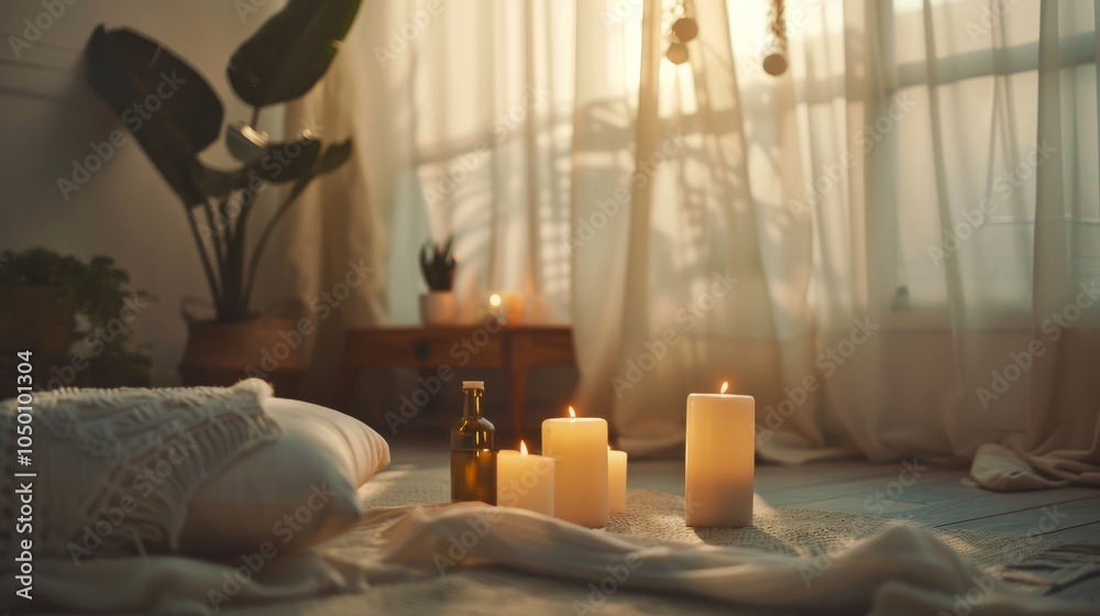 Poster A serene scene of a meditation space with calming elements such as candles and essential oils, set in a softly lit room with natural light, medium shot