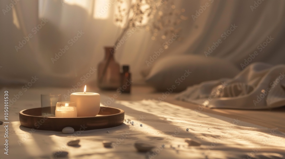 Poster a serene scene of a meditation space with calming elements such as candles and essential oils, set i