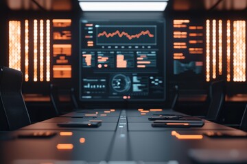 Virtual meeting in a futuristic office space with augmented reality charts and holographic notes, Tech-inspired, Cool tones, High detail, Corporate theme