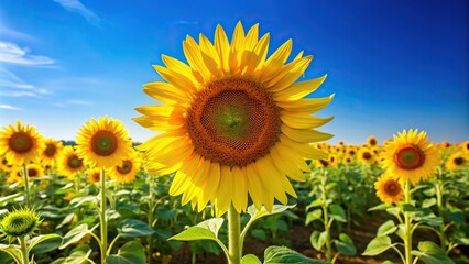 Fototapeta premium Bright yellow sunflower field with tall stalks and bright petals against a clear blue sky, outdoor, flowers, nature, farm
