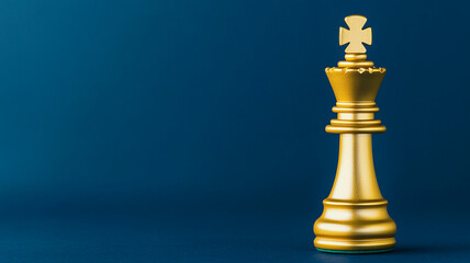 Golden king chess piece stands prominently against deep blue background, symbolizing strategy and power in business and competition