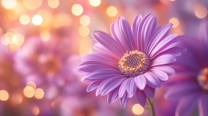 Fototapeta premium A single purple daisy with a golden glow in the center, surrounded by a bokeh of warm light.