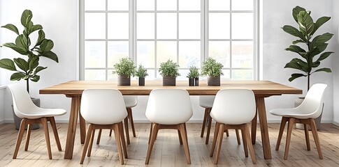 Fototapeta premium A modern dining area featuring a large wooden table surrounded by white chairs and plants.